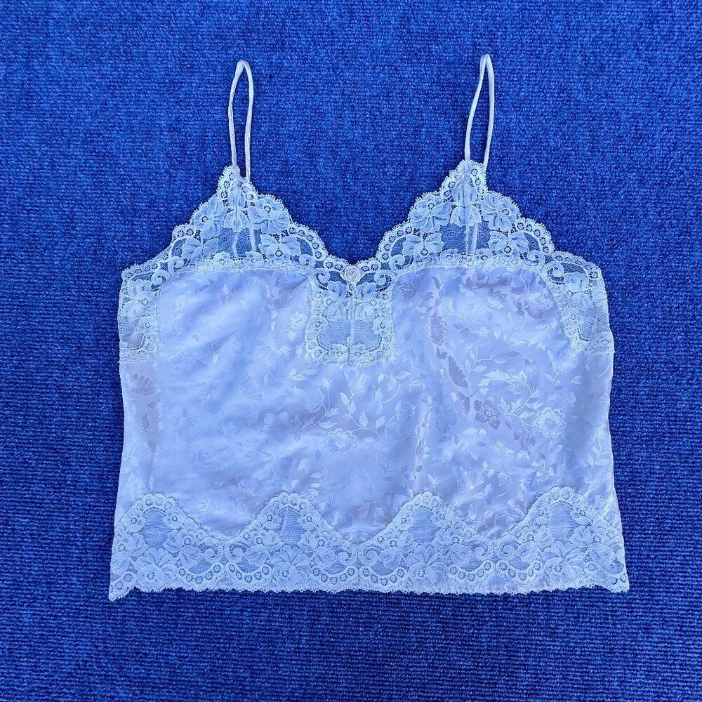 VTG Indulgence Cami Size 36 White Lace Trim Coquette Feminine Dainty Romantic